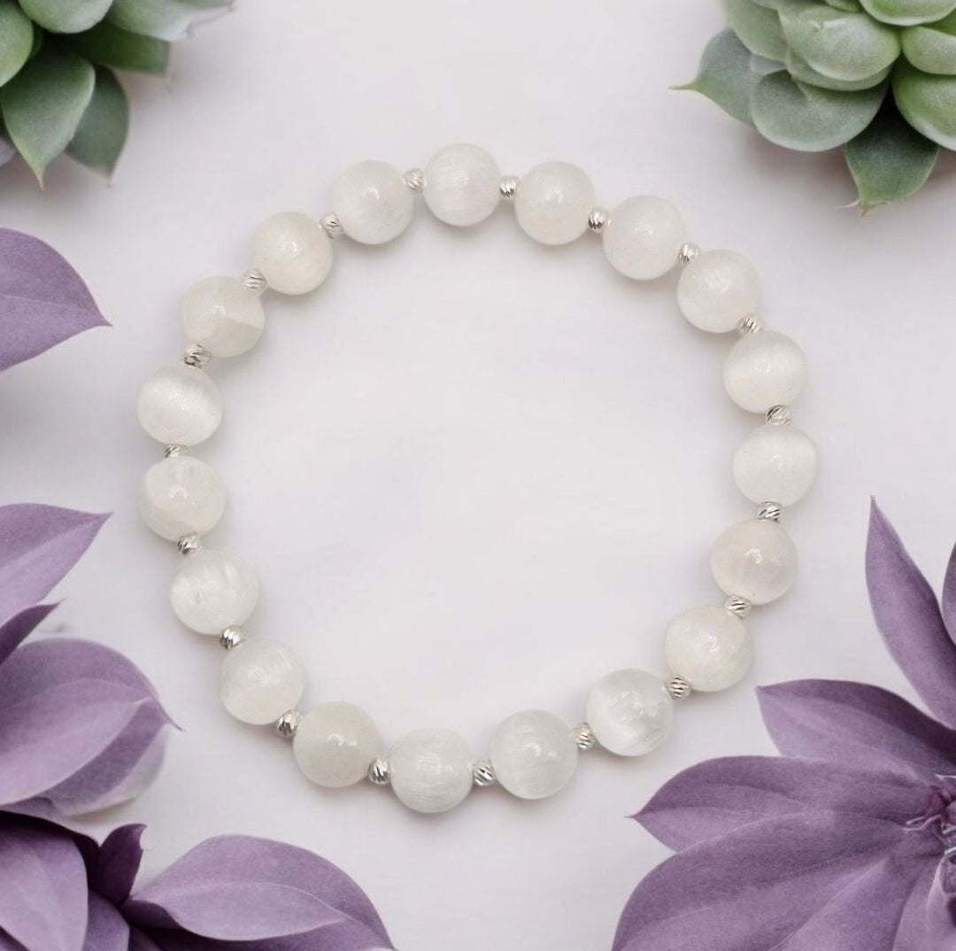 Gift-ready Selenite stretch bracelet with free Selenite cleansing strip
