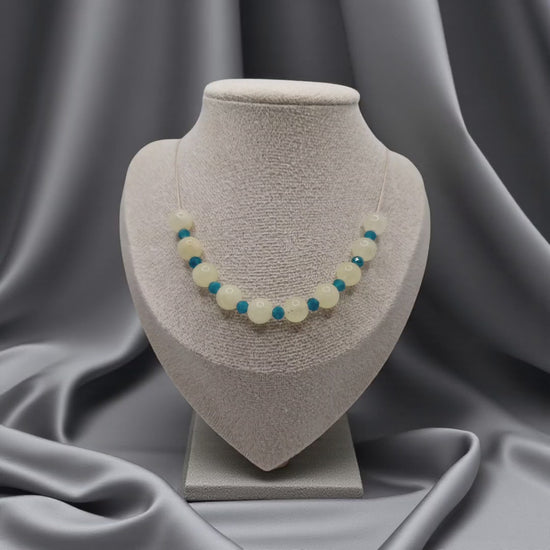 Video showing handmade Golden Citrine & Blue Turquoise choker necklace on neck, highlighting 8mm Citrine, 4mm Turquoise beads, and gold filled clasp with extension chain.