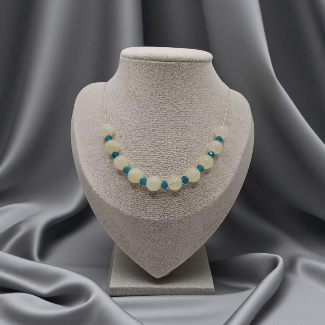 Video showing handmade Golden Citrine & Blue Turquoise choker necklace on neck, highlighting 8mm Citrine, 4mm Turquoise beads, and gold filled clasp with extension chain.