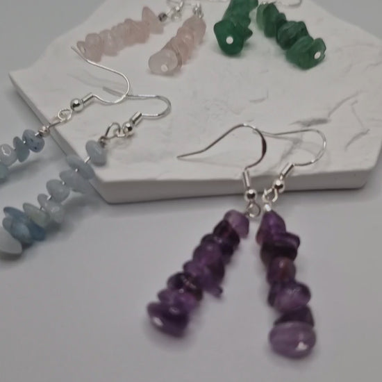 Handmade gemstone chip earrings in Green Aventurine, Rose Quartz, Aquamarine, and Amethyst shown with sterling silver hooks and silver bead accents lightweight dangle earrings perfect for daily wear or gifting