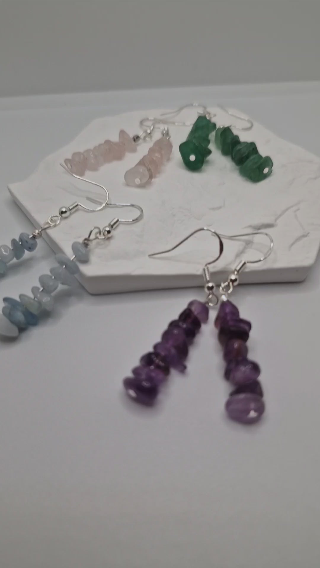 Handmade gemstone chip earrings in Green Aventurine, Rose Quartz, Aquamarine, and Amethyst shown with sterling silver hooks and silver bead accents lightweight dangle earrings perfect for daily wear or gifting