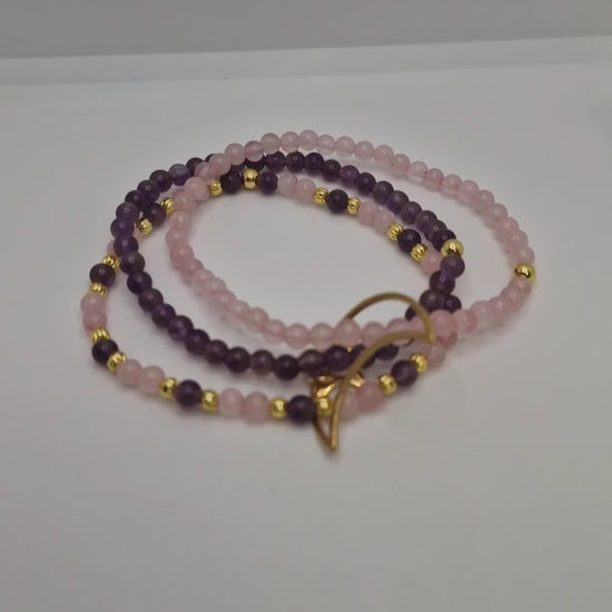 360° view of triple gemstone bracelet with Brazilian Amethyst and Rose Quartz, gold-plated corrugated beads, and Moon & Star charm highlighting sparkle and design