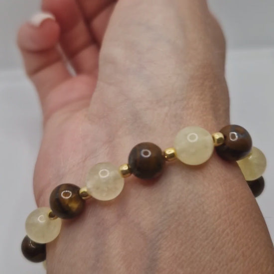 Close-up of 8mm Citrine & Tiger Eye stretch bracelet highlighting natural gemstones and Toho bead accents
