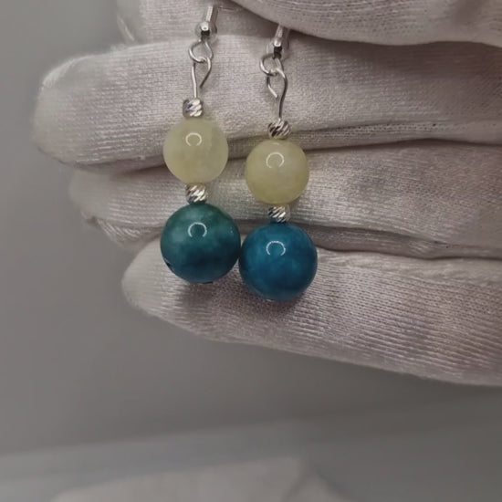 Handmade Citrine and Apatite dangle earrings with sterling silver hooks and corrugated silver beads showcasing movement, sparkle, and natural gemstone beauty