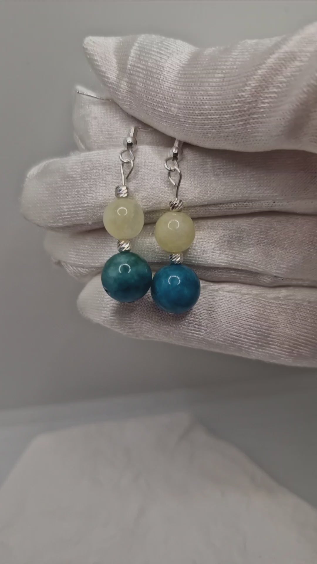 Handmade Citrine and Apatite dangle earrings with sterling silver hooks and corrugated silver beads showcasing movement, sparkle, and natural gemstone beauty