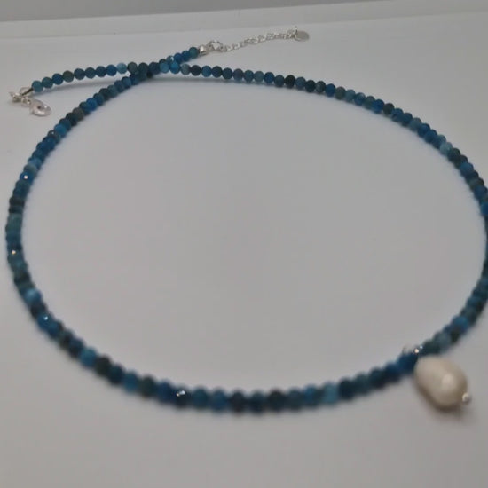 Dainty Sterling Silver Necklace with Blue Apatite Beads and Natural Freshwater Pearl