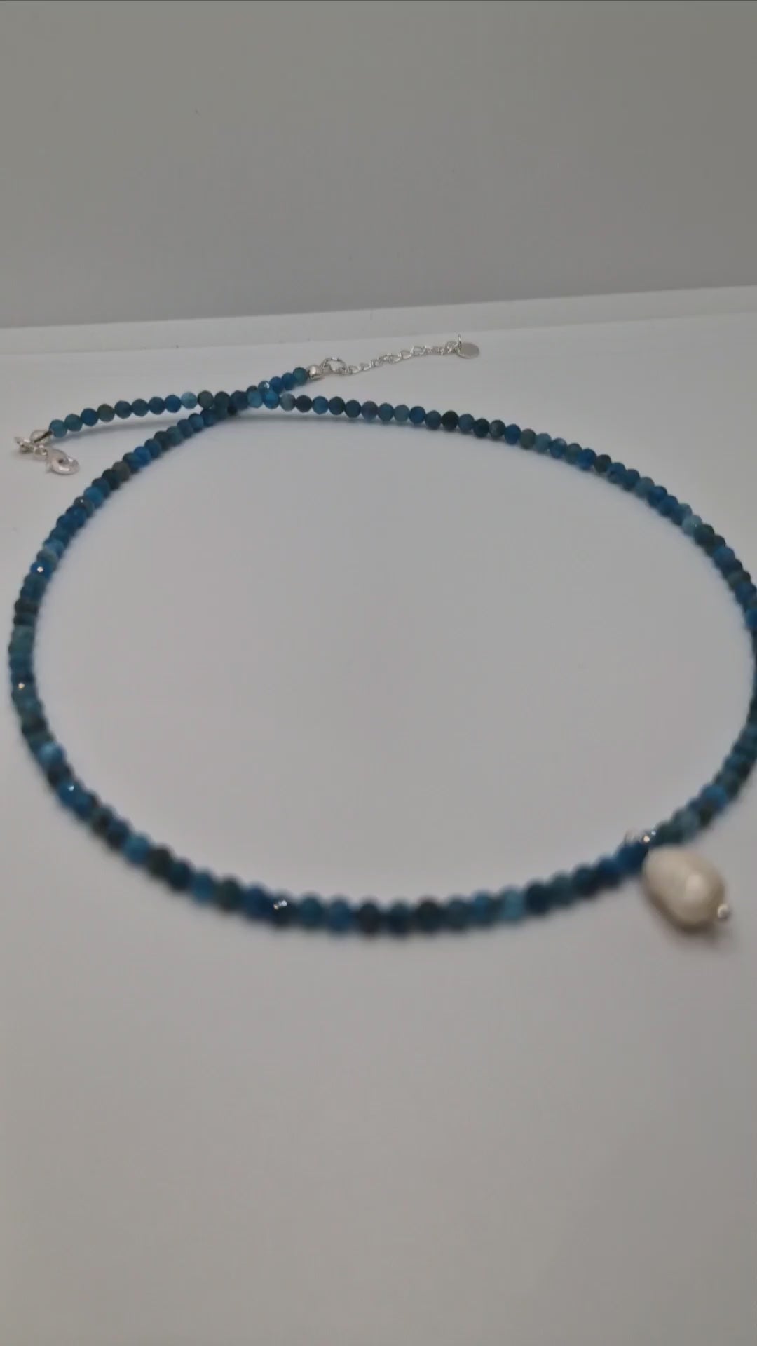 Dainty Sterling Silver Necklace with Blue Apatite Beads and Natural Freshwater Pearl