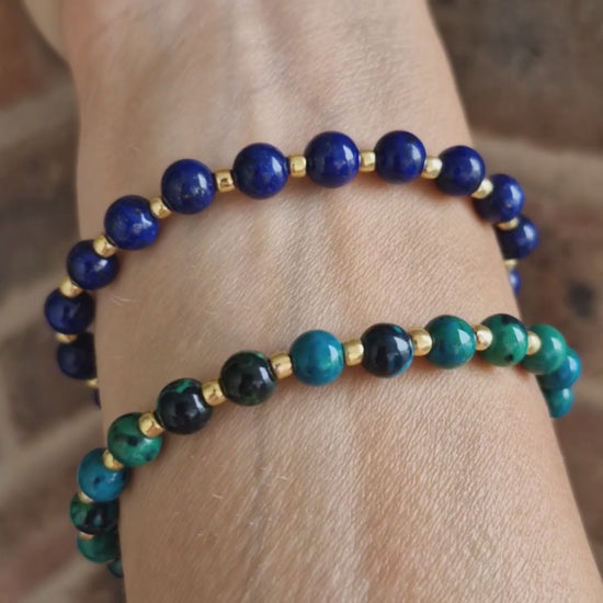 Video showing handcrafted stretch bracelets with Lapis Lazuli, Chrysocolla, and Toho glass bead variations
