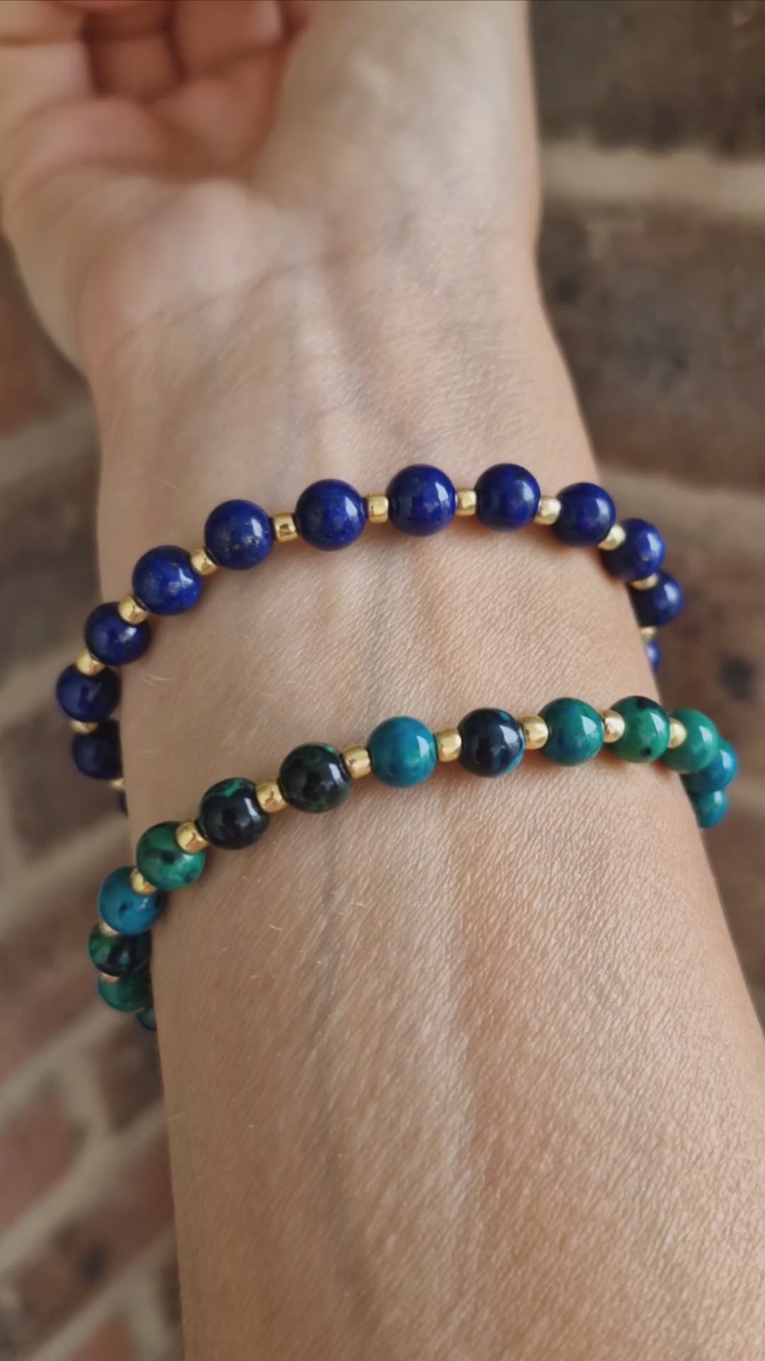Video showing handcrafted stretch bracelets with Lapis Lazuli, Chrysocolla, and Toho glass bead variations