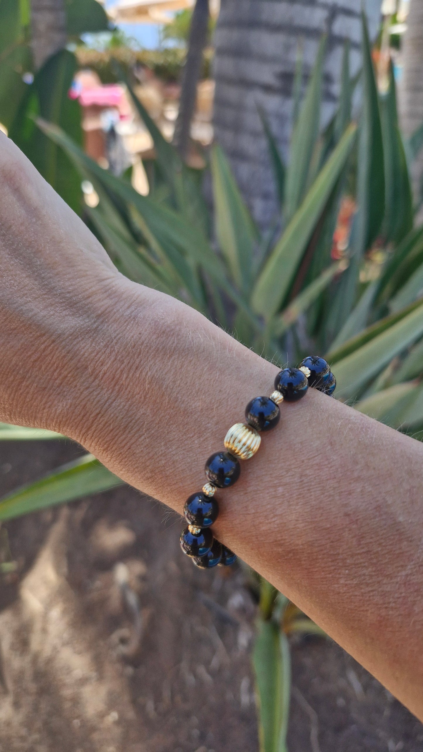 Black Tourmaline Bracelet with Gold-Filled Beads | Stretch Gemstone Bracelet