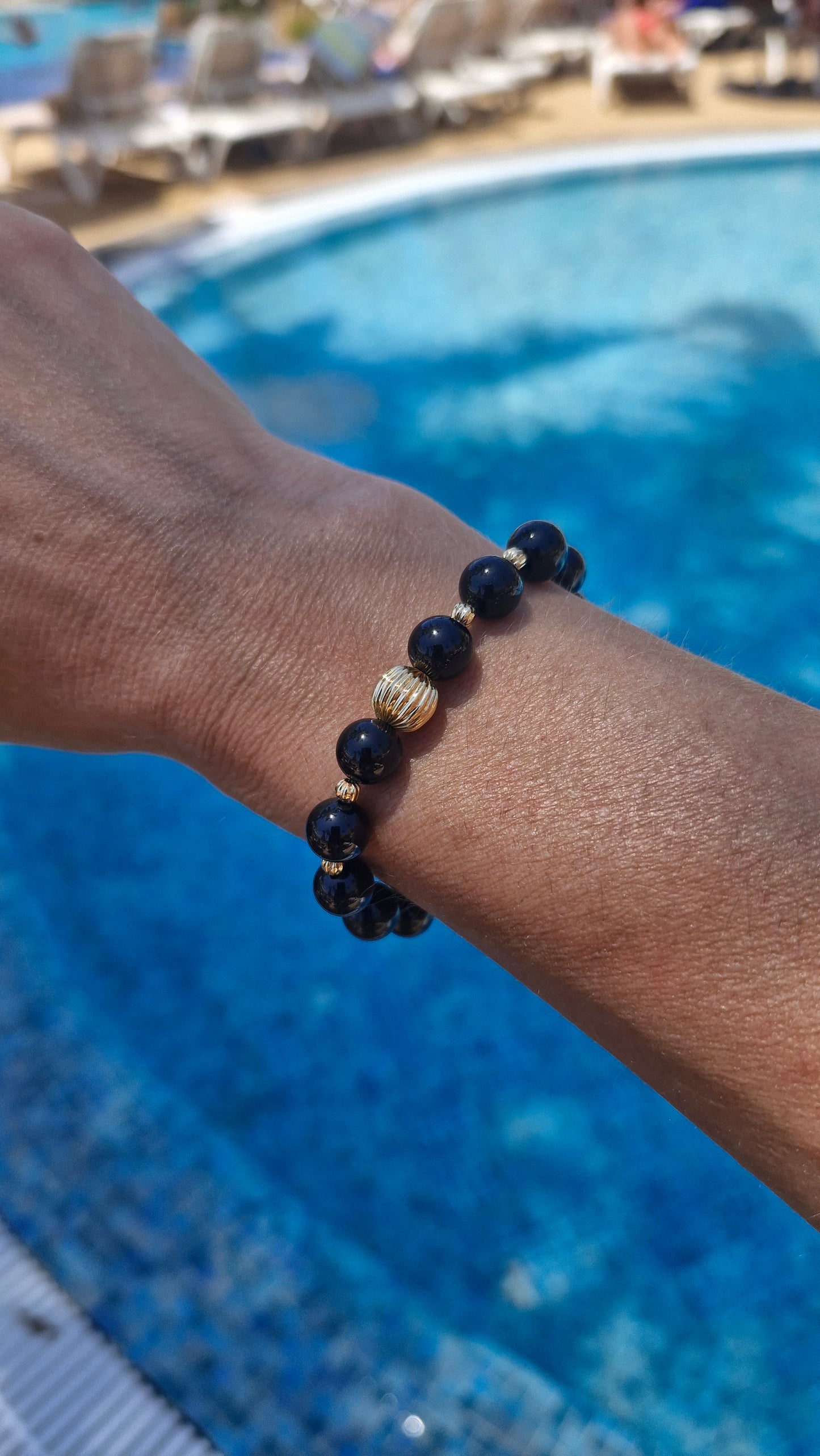 Black Tourmaline Bracelet with Gold-Filled Beads | Stretch Gemstone Bracelet