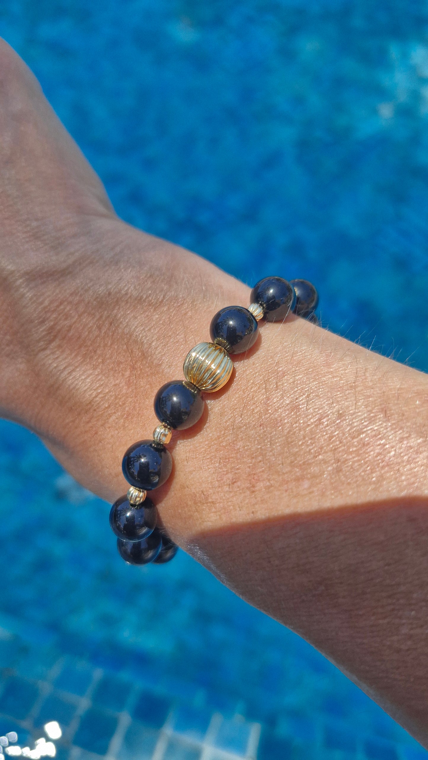 Black Tourmaline Bracelet with Gold-Filled Beads | Stretch Gemstone Bracelet