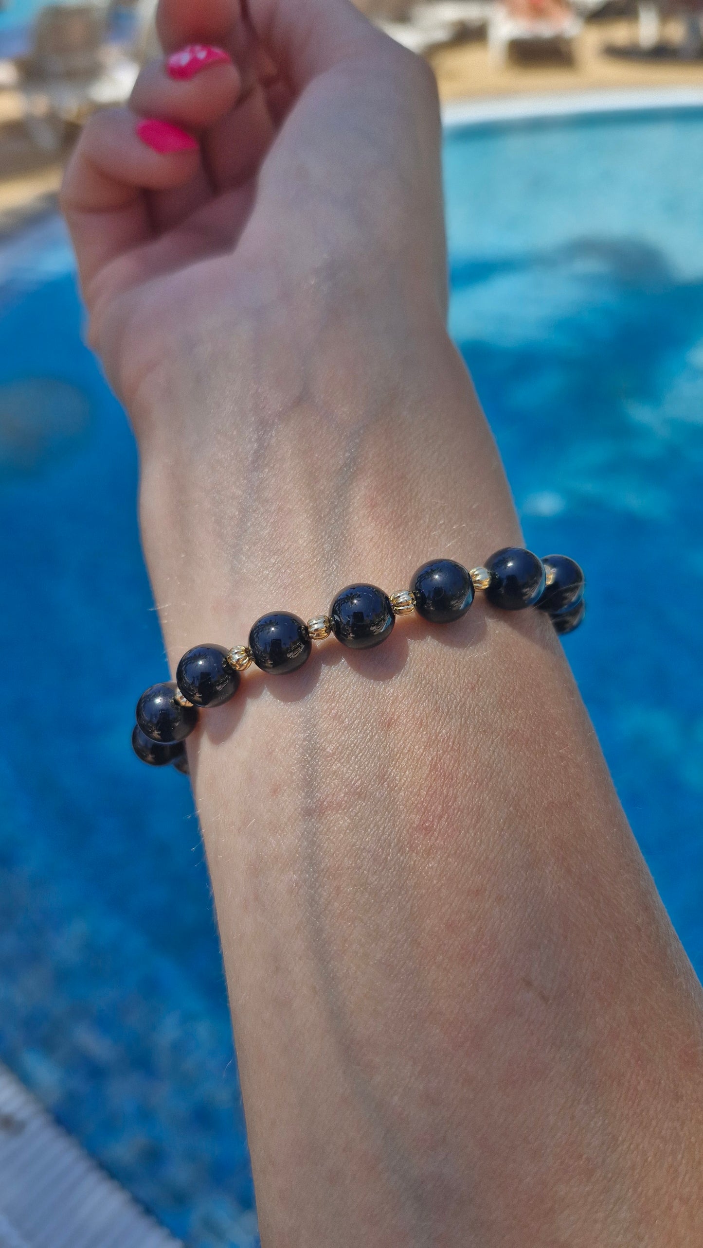 Black Tourmaline Bracelet with Gold-Filled Beads | Stretch Gemstone Bracelet