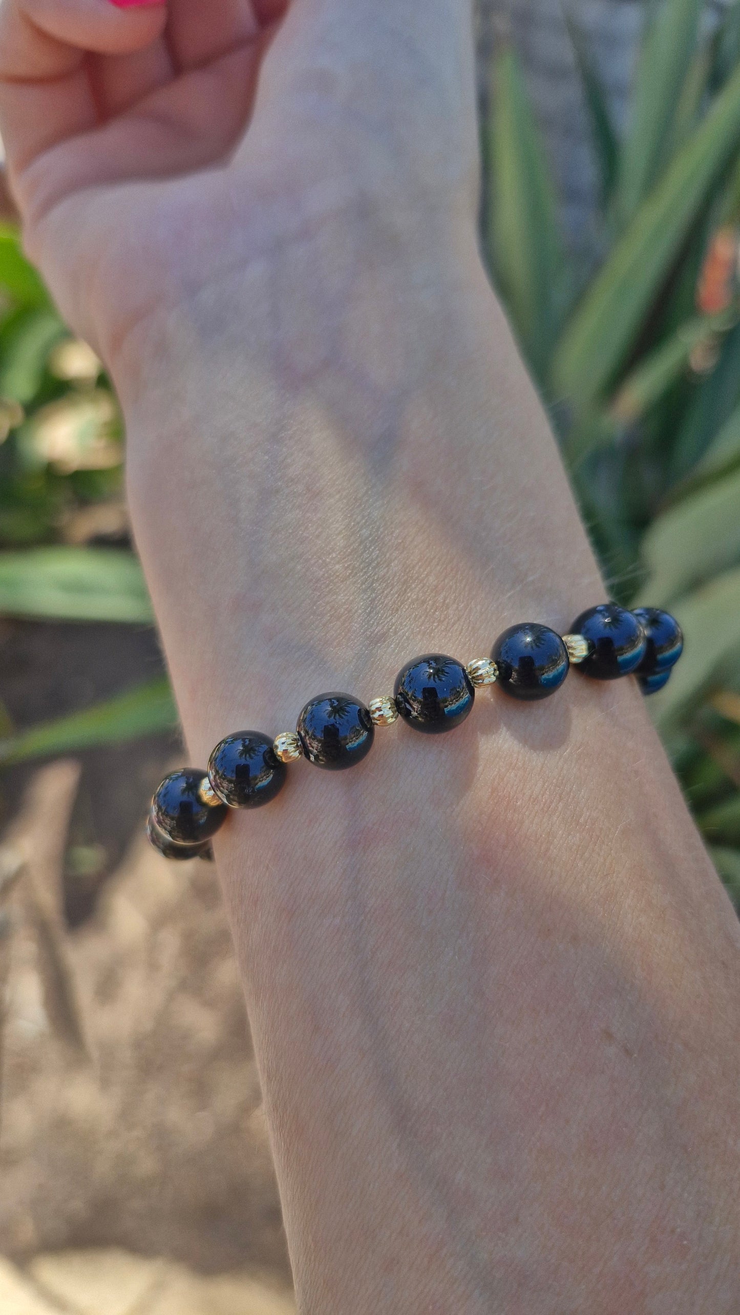 Black Tourmaline Bracelet with Gold-Filled Beads | Stretch Gemstone Bracelet